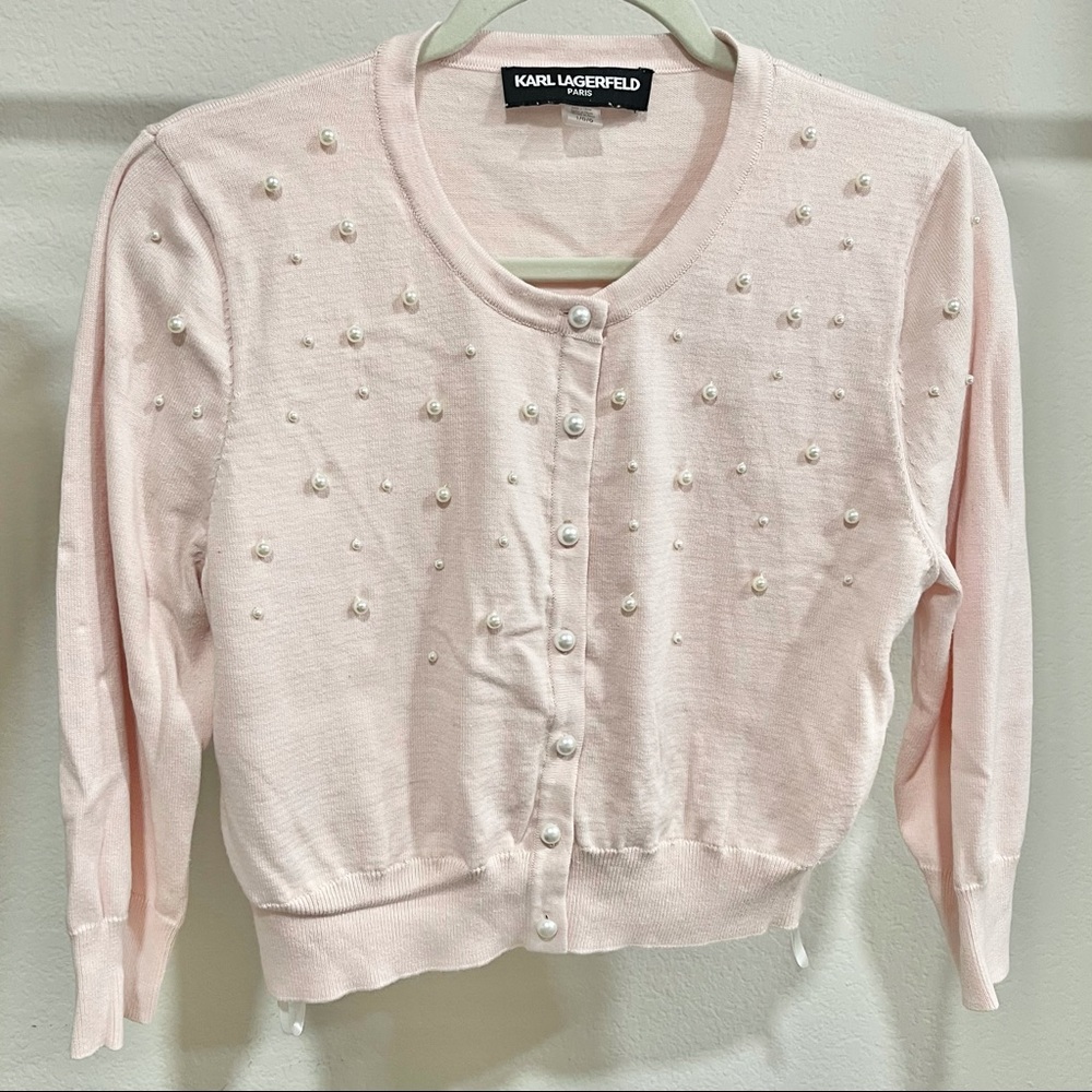 Karl Lagerfeld Pink & Pearls Cardigan Sweater